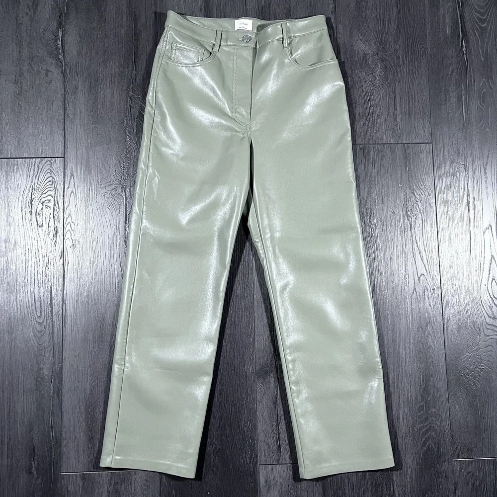 Aritzia Wilfred The Melina Vegan Leather High Rise Straight Pants Blue 2 NWOT